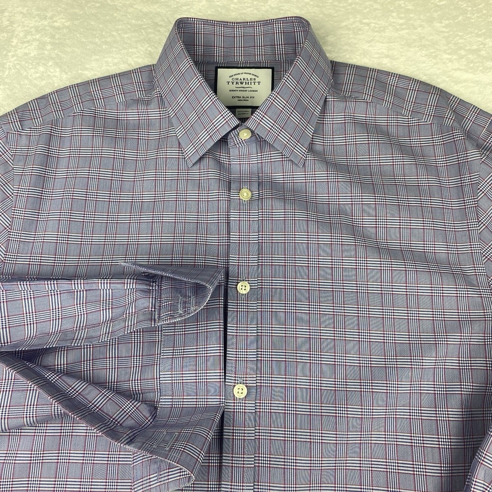 Charles Tyrwhitt Dress Shirt Mens 16.5-33 Purple Plaid X-Slim Fit French Cuffs